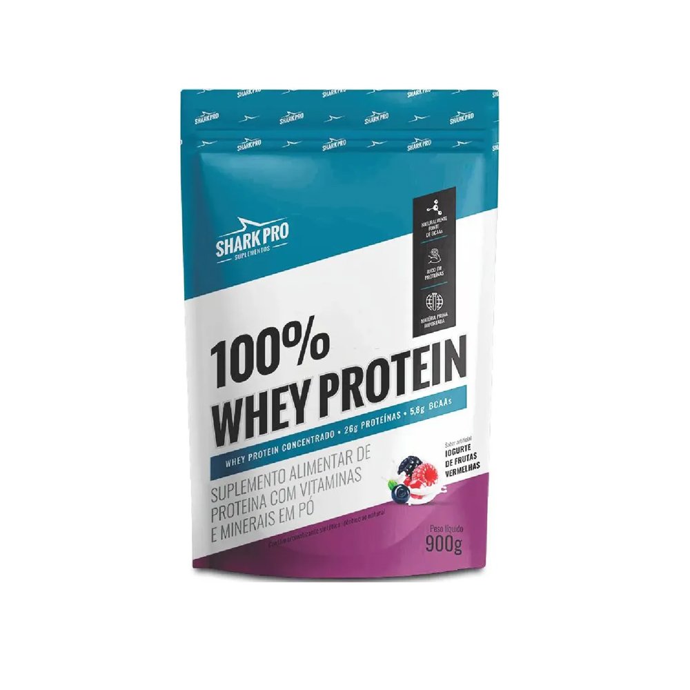 15366674197-100-whey-protein-vitamina-de-frutas-900g.jpg 100% Whey Protein Pouch 900g Iogurte Frutas Vermelhas - Sharkpro Suplementos - Imagem 1