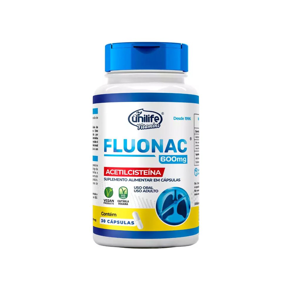 15603207448-fluonac-600mg-30-caps.jpg Acetilcisteina - Fluonac 600mg 30 Caps - Unilife - Imagem 1
