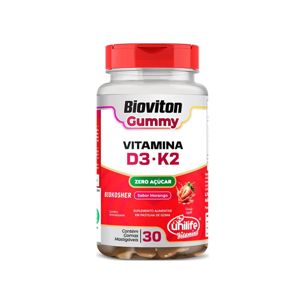 15603314927-bioviton-gummies-vitamina-d3-k2.jpg Gummy Bioviton Vitamina D3 + K2 Morango 30 Gomas - Unilife - Imagem 1