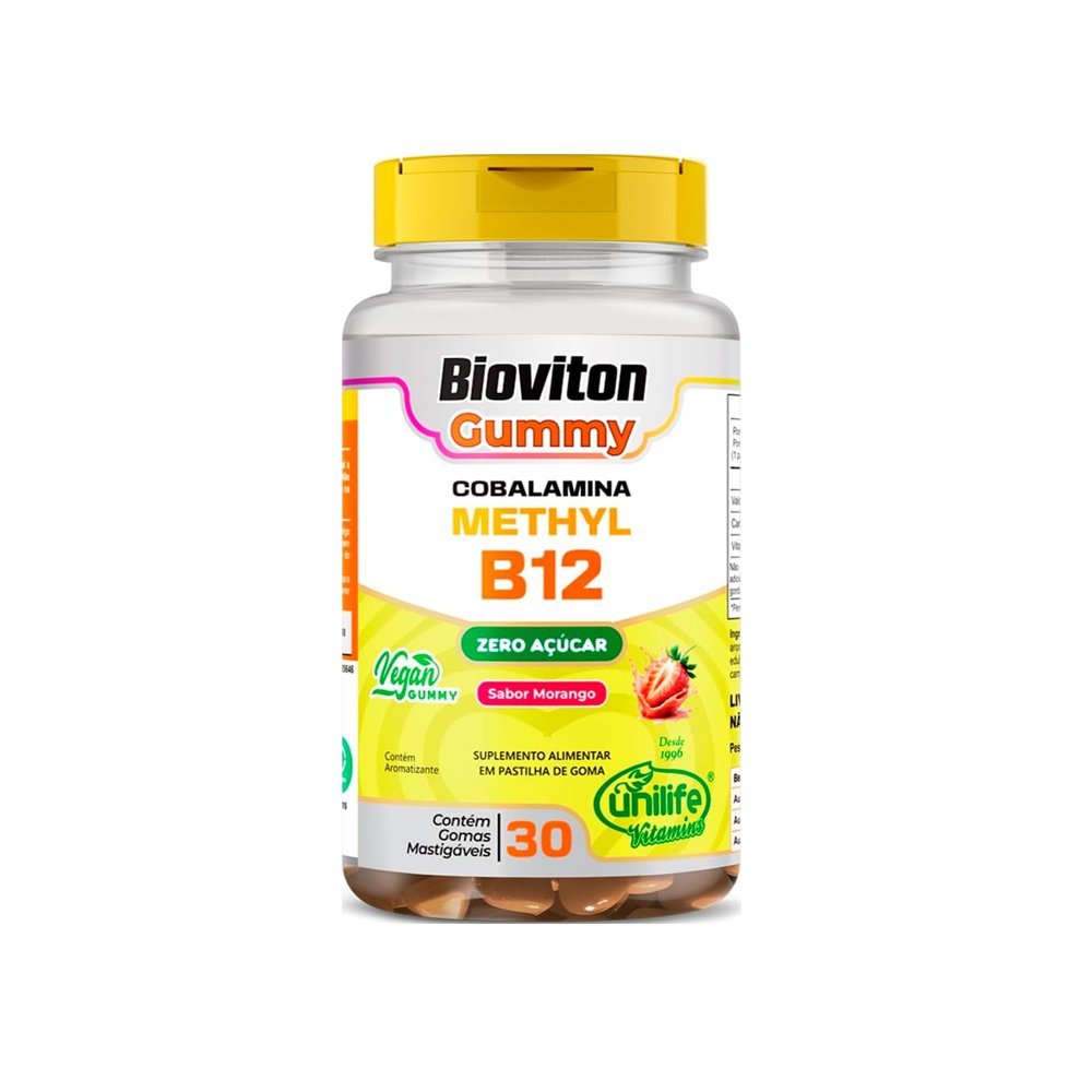 15603324907-bioviton-gummies-vitamina-b12.jpg Gummy Bioviton Vitamina Methyl B12 Morango 30 Gomas - Unilife - Imagem 1
