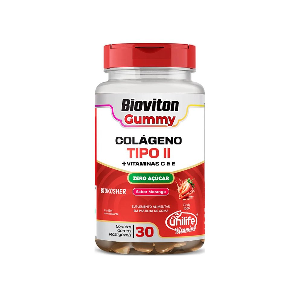 15603339409-bioviton-gummies-colageno-tipo-ii.jpg Gummy Bioviton Colageno Tipo II Morango 30 Gomas - Unilife - Imagem 1